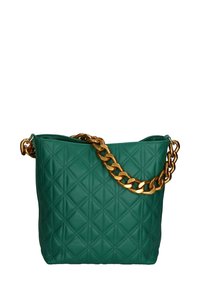 Borsa a tracolla verde trapuntata realizzata in materiale sintetico. Presenta una tracolla in catena dorata. Il motivo a diamante quadrato sulla superficie aggiunge texture.
