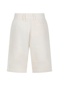 Linnen shorts in een lichte beige kleur, met een structuurstof, een tailleband met riemlussen en een achterzak.