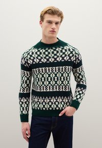 Gestrickter Pullover mit grünem, marineblauem und weißem geometrischem Muster; rundem Ausschnitt; langen Ärmeln; mit gerippten Bündchen und Saum.