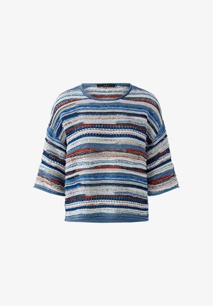 Pull en maille à manches courtes avec une coupe ample, présentant des rayures horizontales en fils texturés bleus, blancs, marron et noirs.