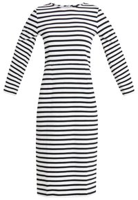 Czarna i biała poziomo pasiasta sukienka midi z długim rękawem, okrągłym dekoltem i dopasowanym krojem.