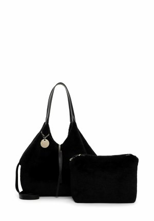 Black faux fur shoulder bag with smooth black leather handles, accompanied by a matching zippered pouch. Round metal tag attached.