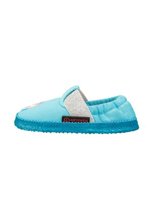 Chausson pour enfants turquoise avec une tige en maille et un bandeau élastique, doté d'une semelle en caoutchouc texturé et d'un design floral coloré à l'avant.