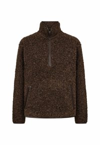 Smeđi flis pulover s polu-zip zatvaranjem, dvije bočne džepove, teksturiranu površinu i glatke smeđe akcentne detalje uz zatvarač i rub.