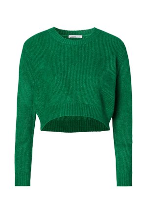 Pull vert court en tissu côtelé. Doté de manches longues et d'un col rond. Surface texturée avec un ourlet ajusté.