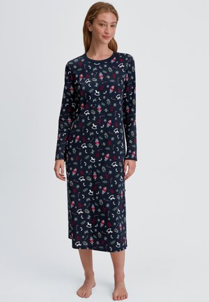 Camicia da notte lunga blu navy, con stampe festive bianche e rosse di fiocchi di neve, nastri e motivi natalizi; tessuto morbido e confortevole.