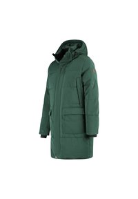 Groene gewatteerde winterjas met capuchon, voorzien van twee voorkruiden en zwarte accenten op de mouwen. Rits en knopen voor sluiting.