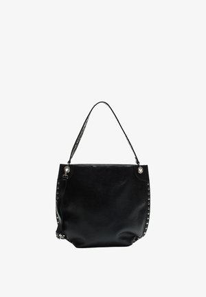 Black leather handbag with a rounded shape, a single shoulder strap, and metallic studs along one side. Smooth texture with glossy finish.