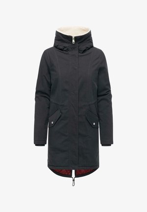 Parka noire avec un col en fourrure synthétique, fermeture éclair, deux poches devant et ourlet ajustable. Présente une doublure matelassée rouge.