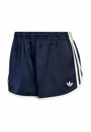 Pantaloni scurți Adidas bleu închis cu bordură albă, trei dungi albe laterale și logo-ul Adidas Trefoil pe piciorul stâng.