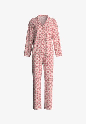 Long-sleeve pajama set in red and white floral print. Features a notched collar and straight-leg design, made from soft fabric.