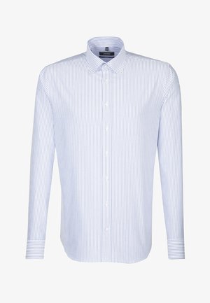 Hellblau-weißer gestreifter Langarmhemd aus Baumwolle. Verfügt über einen Button-Down-Kragen und einen Standardmanschettenstil.