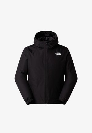 Must kapuutsi ja eeslukuga jakk, millel on elastsed mansetid ja The North Face logo vasakul rinnal, esitatud valgel taustal.