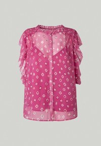 Sheer pink blouse with a ruffled neckline and sleeves, featuring a geometric pattern in white and purple. Button closure at the front.