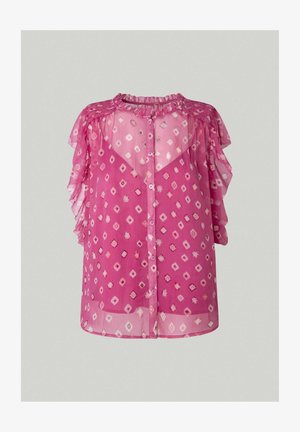 Gennemsigtig pink bluse med en flæsekrave og -ærmer, forsynet med et geometrisk mønster i hvid og lilla. Knaplukning foran.