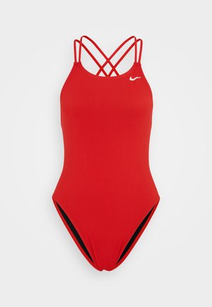 Fato de banho vermelho de uma peça com tiras finas cruzadas. Feito de um tecido suave com um recorte lateral e forro preto. Pequeno logotipo branco no peito.