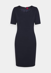 Námořnický modrý přiléhavý šaty s krátkými rukávy, čtvercovým výstřihem a švem. Vyrobeno z hladkého materiálu se skrytým zipem na zadní straně.