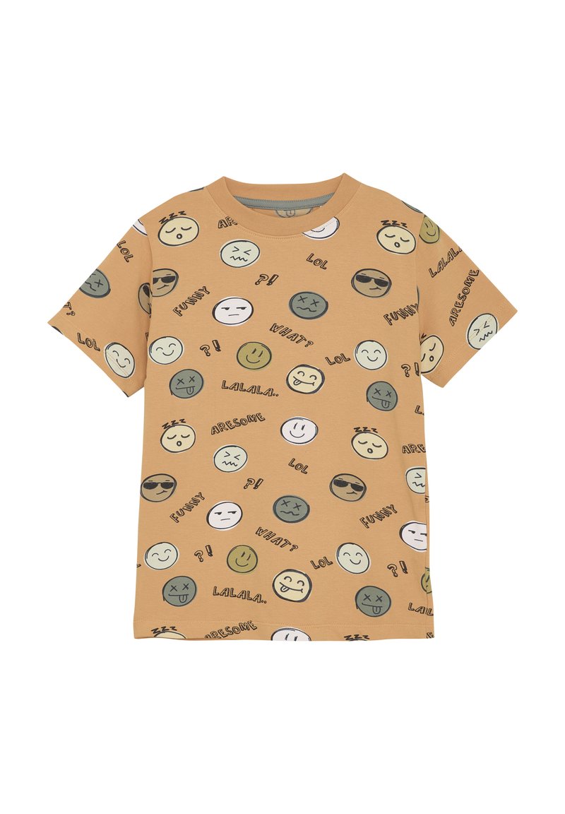 Kortærmet T-shirt lavet af blødt bomuld, tan farve med forskellige emoji ansigtstræk og tekstmønstre i forskellige farver, rund halsudskæring.