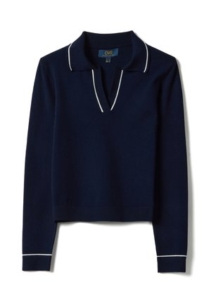 Navy blue long-sleeve knit sweater with white piping on collar, cuffs, and V-neck opening, slightly cropped fit.