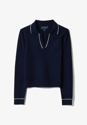 Navyblauwe, fijngebreide trui met lange mouwen, witte biezen op de kraag, manchetten en V-hals, licht cropped model.