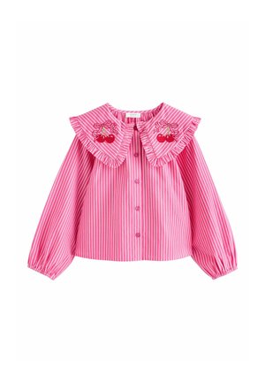 Pink striped long-sleeve blouse with a large ruffled collar featuring cherry embroidery and button-front closure. Elasticized cuffs.