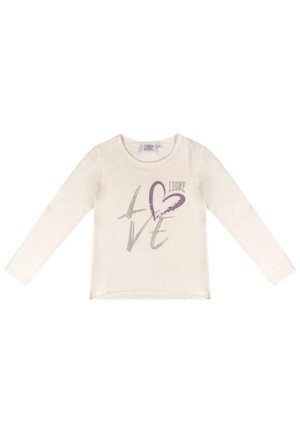 T-shirt pour enfant à manches longues, de couleur crème, avec un col rond et un motif gris et violet portant le mot « Love » sur le devant.