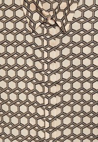 Beige Bluse mit einem geometrischen schwarz-cremefarbenen sechseckigen Muster, Seilverzierungen, strukturiertem Kragen und Knopfverschluss.