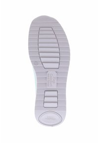 Schuhsohle, weißes Gummi mit Rillenmuster, mit einer strukturierten Ferse und "Finn Comfort"-Label. Enthält ein Design mit "SCHOCK ABSORBER".