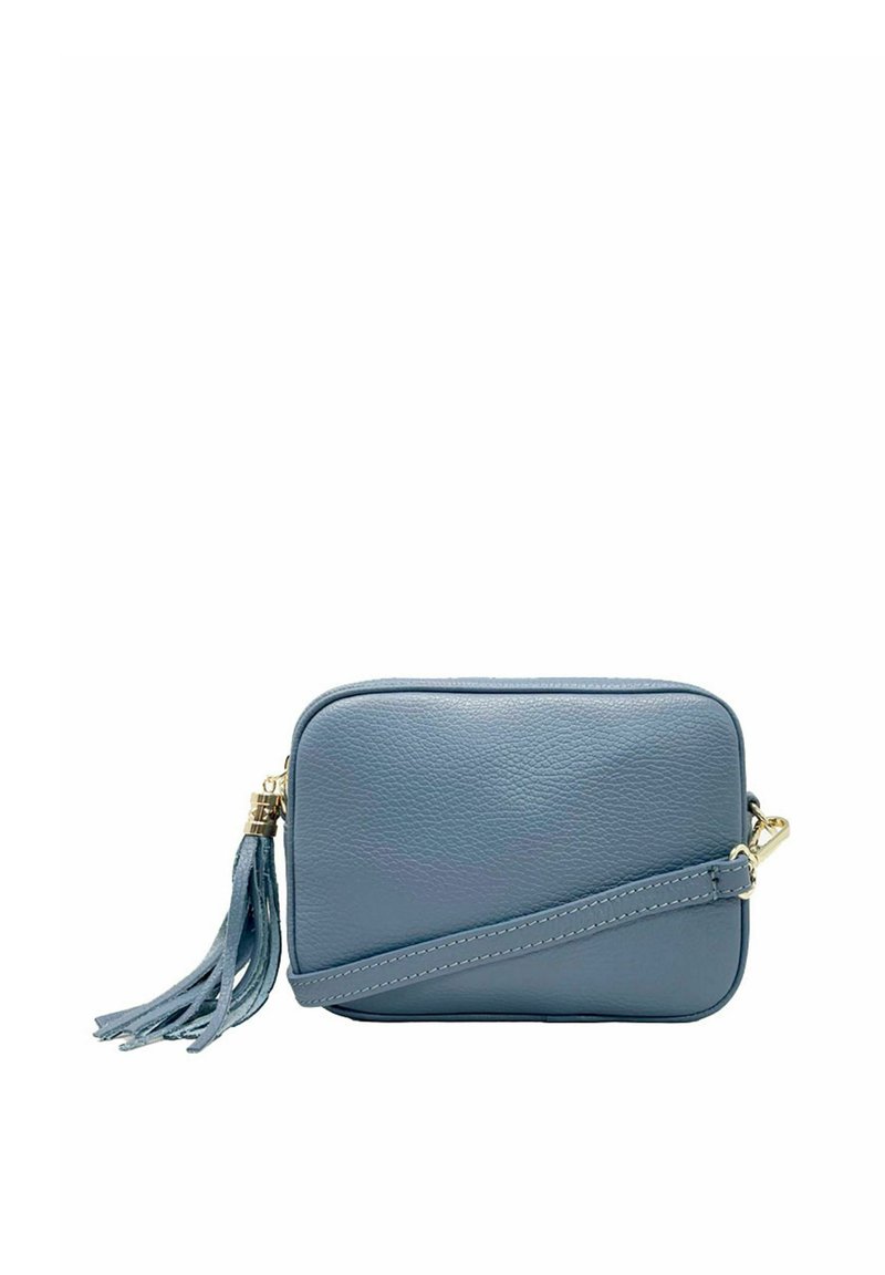 Borsa a tracolla blu in pelle con chiusura a zip, forma rettangolare, tracolla removibile e accento con nappina. Texture liscia.