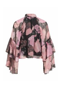 Blouse transparente avec motif floral rose et noir, col montant, dos avec ouverture en goutte, et manches cloche superposées.