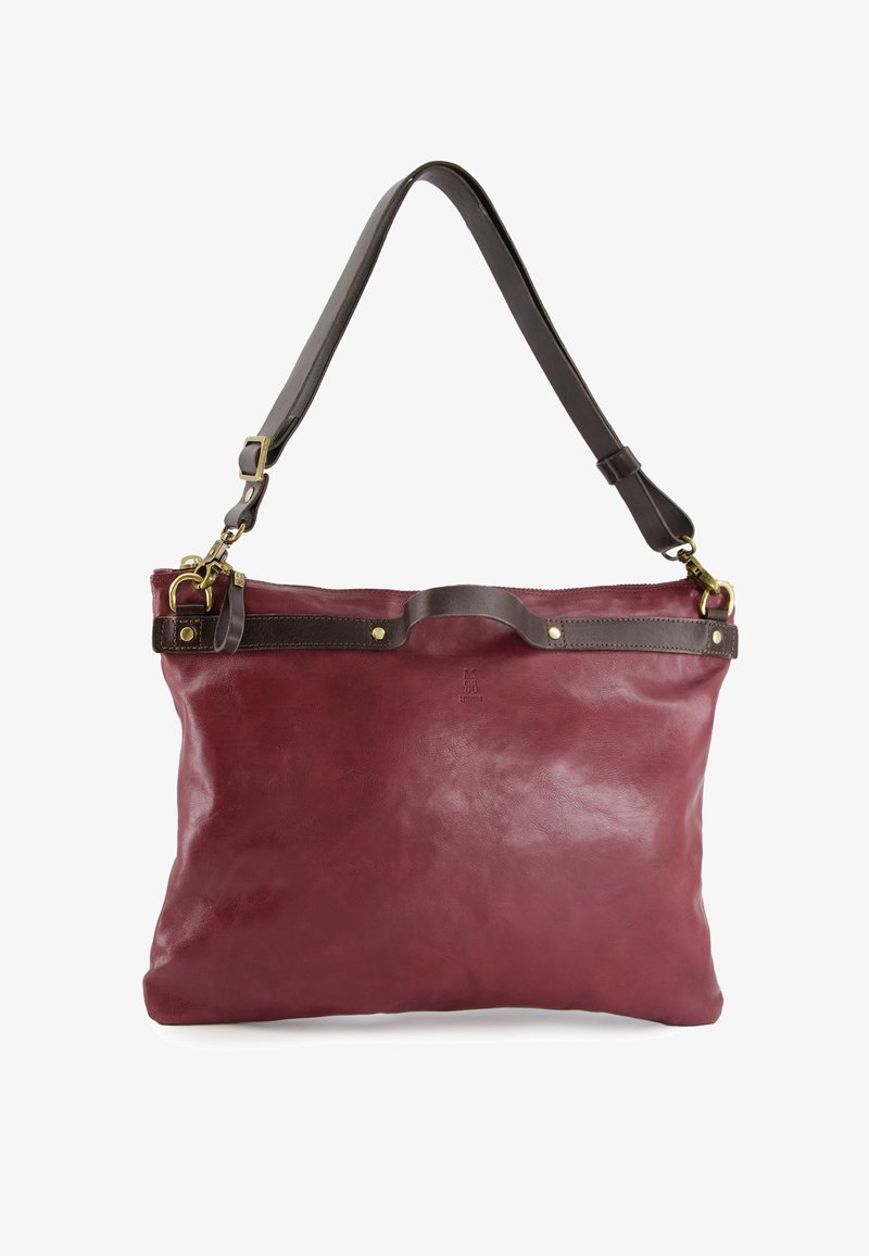 Leder-Shopper in tiefem Burgunderrot mit glatter Textur, braunem Ledergriff, goldenen Hardware-Akzenten und einem Reißverschluss.