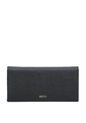 Black leather wallet with a textured surface. Features a silver "estro" logo at the bottom. Simple, rectangular shape, fold-over design.