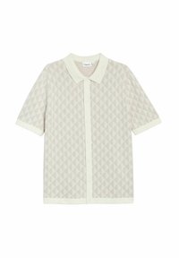 Korte mouw blouse met een lichtbeige ruitpatroon, zachte textuur en een kraag. Heeft een knoopsluiting aan de voorkant en contrasterende afwerking.