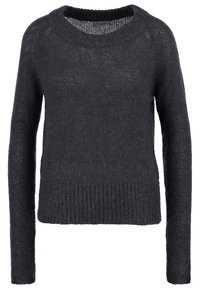 Pull gris foncé en maille, confectionné à partir d'un fil doux et texturé. Il présente des manches longues, un col large et un ourlet côtelé pour une coupe légèrement ample.