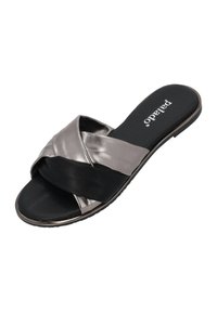 Black and metallic silver slide sandal with crossed strap design, synthetic material, flat sole, and padded footbed for comfort.