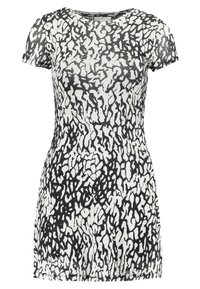 Svart och vit kortärmad klänning med en strukturerad abstrakt mönster, rund halsringning och figurnära silhuett. Tillverkad av mjukt tyg.