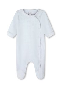 Bodysuit blanc pour bébé en tissu doux, doté d'une fermeture à pression, d'un col arrondi, de manches longues et de motifs en forme de cœur texturés sur l'ensemble.