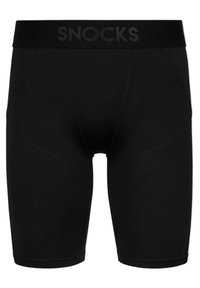 Pantaloni da compression neri realizzati in materiale elasticizzato, con una larga cintura elastica con la scritta "SNOCKS" stampata in nero. Design senza cuciture.