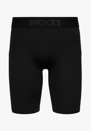 Shorts de compression noirs en matériau extensible, dotés d'une large ceinture élastique avec "SNOCKS" imprimé en noir. Design sans couture.