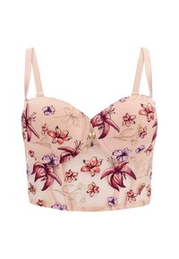 Blushroze bustier met bloemenborduurwerk in rode, paarse en gouden tinten. Bevat onderbedekking cups en verstelbare bandjes. Decoratieve sluitingsdetail.