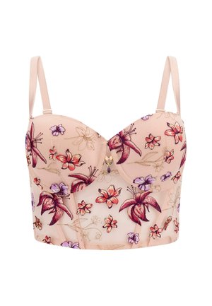 Blush pink bustier with floral embroidery in red, purple, and gold tones. Features underwire cups and adjustable straps. Decorative clasp detail.