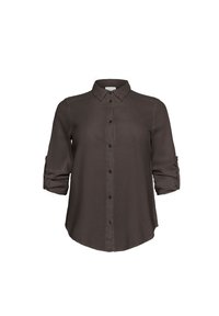 Chemise à manches longues marron foncé, avec un col, des manches retroussables et un ourlet légèrement courbé. Texture de tissu lisse avec des boutons visibles.