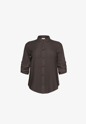 Dark brown long-sleeve button-up shirt with a collar, roll-up sleeves, and a slightly curved hem. Smooth fabric texture with visible buttons.