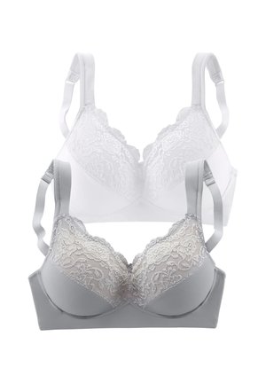 Two lace-trimmed bras, one white and one gray, with adjustable straps displayed against a white background.