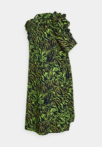 Green and black dress with a tiger stripe pattern, featuring puffed sleeves and a loose-fitting design. Soft fabric with distinct textures.