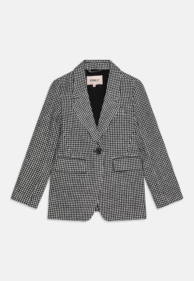 Black and white checked blazer with a notched lapel, single button closure, and two front pockets. Fabric has a smooth texture.
