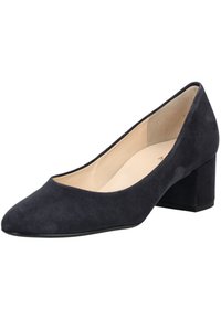 Kožené modré lodičky s špičatou špičkou a středně vysokým blokovým podpatkem. Hladký, jemný povrch s béžovou stélkou a minimálními designovými akcenty.
