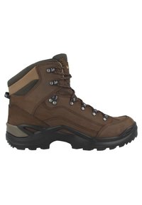 Botas de senderismo marrones con una parte superior de ante y nailon, cuello acolchado, ojales de metal y suela de goma negra resistente para tracción y durabilidad.