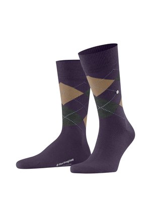 Chaussettes argyle violettes avec un motif en diamant en beige, vert et accents bleus ; fabriquées en matériau doux et extensible pour le confort.
