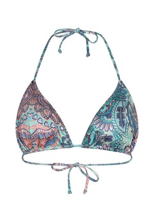 Triangle bikini top with adjustable neck and back ties, featuring a multicolored paisley pattern in teal, pink, and blue tones.